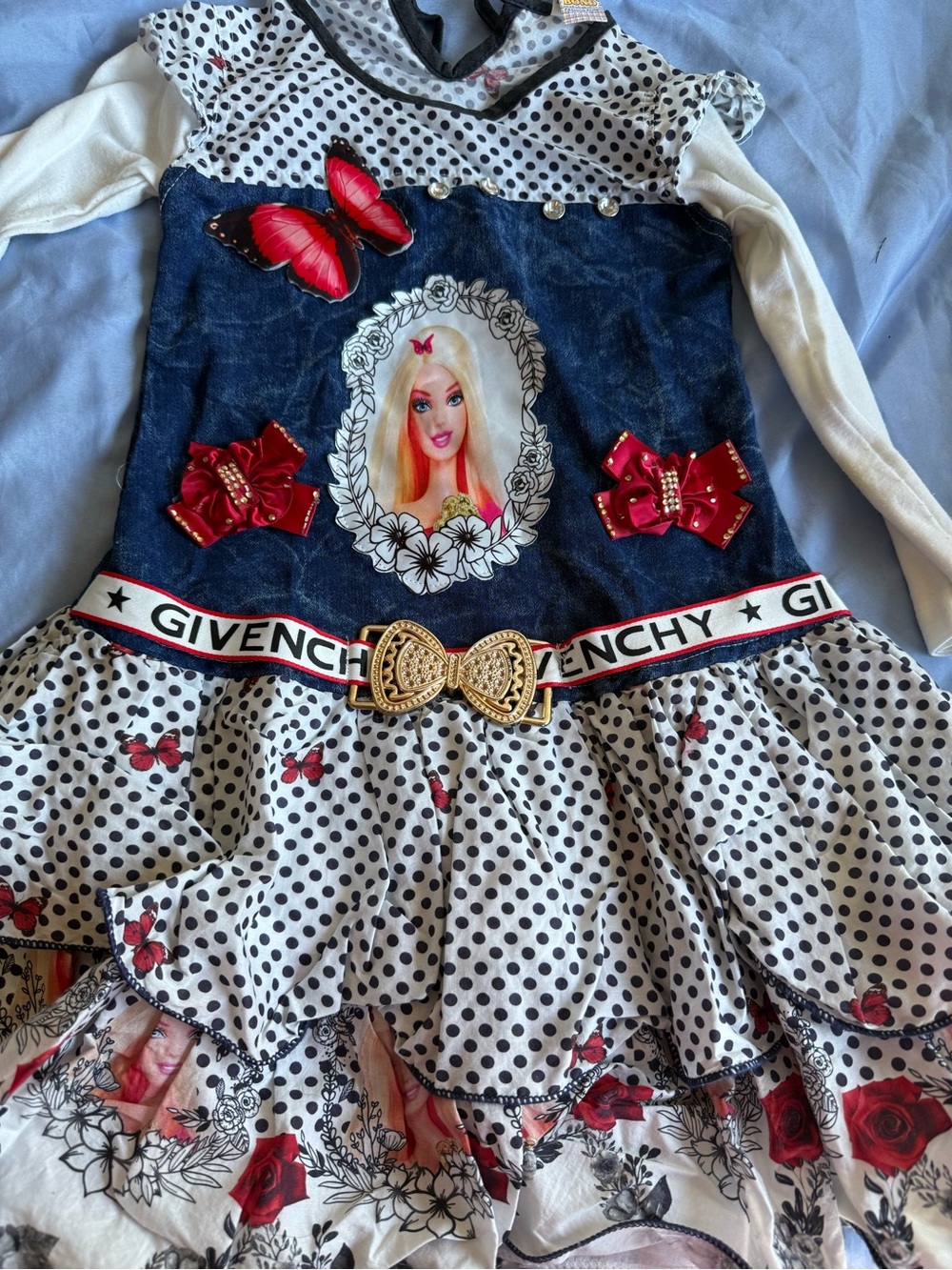 Givenchy Girls Navy Denim-Look Polka Dot Dress with Red Accents